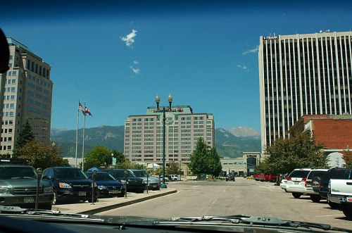 Downtown Colorado Springs, with the picturesque mountains in the background.